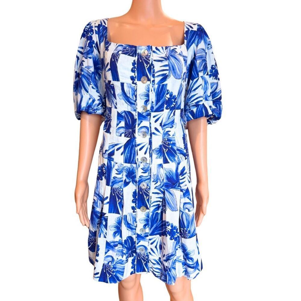 NWT Farm Rio Garden Tiles Blue Floral Linen Puff Sleeve Mini Dress XL Resort - Picture 4 of 9
